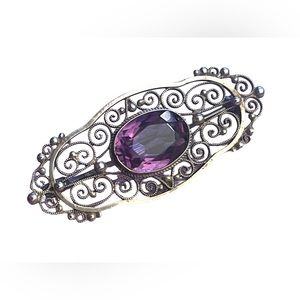 Antique Sterling silver ornate filagree amethyet fancy bar brooch